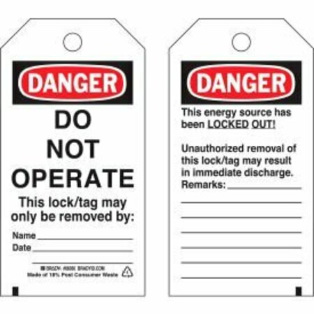 BRADY Brady Lockout Tag- Danger Do Not Operate, 2 Sided, Cardstock, 25/Pack 65407